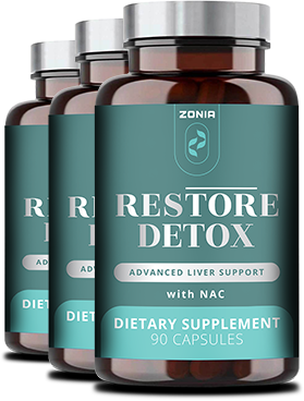 Three brown bottles of Zonia Restore Detox Advanced Liver Support dietary supplements with NAC.